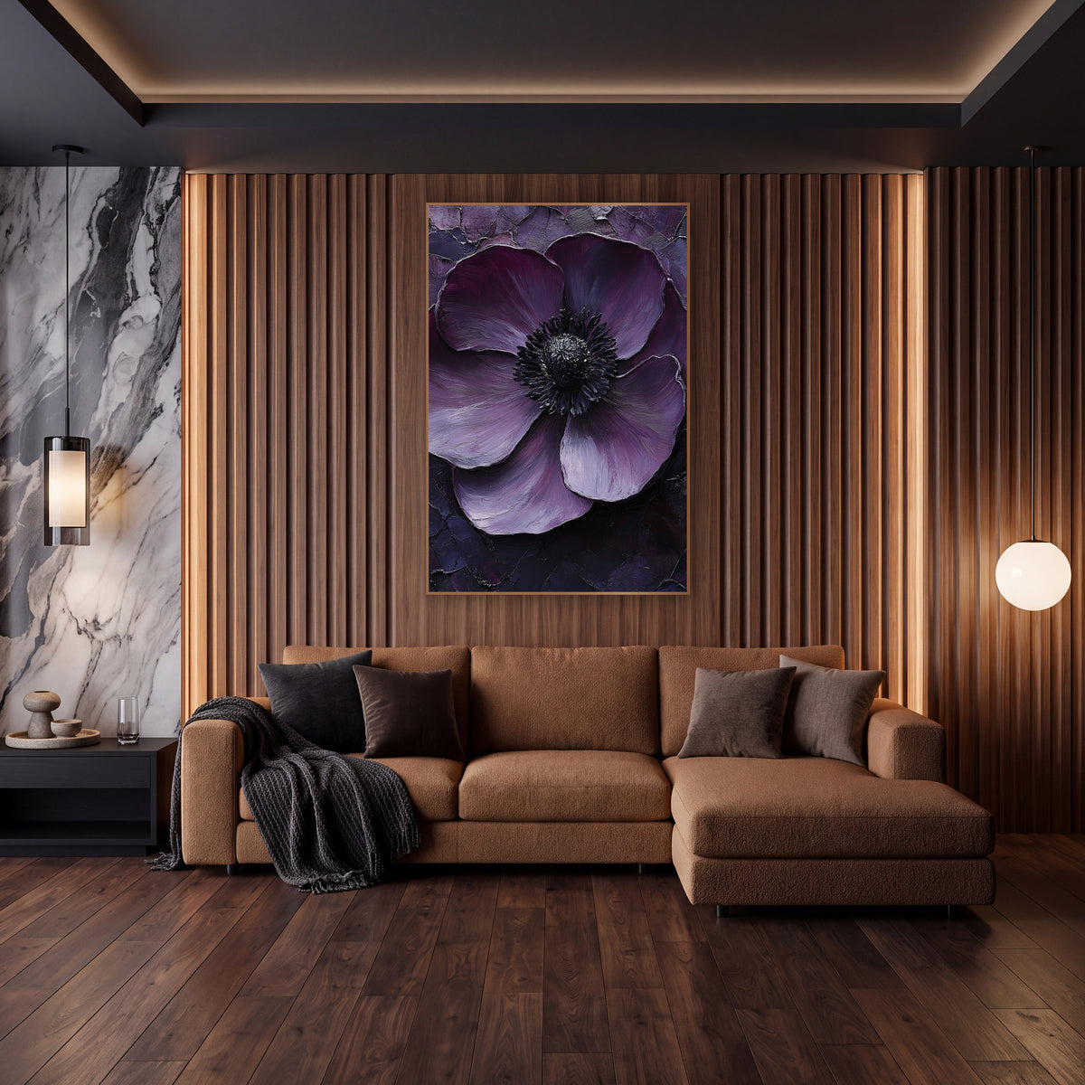 Plum Anemone Close-Up Moody wall art in an elegant modern room – close-up of a deep plum anemone with a black center