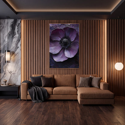 Plum Anemone Close-Up Moody wall art in an elegant modern room – close-up of a deep plum anemone with a black center
