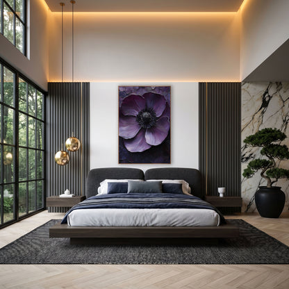 Plum Anemone Close-Up Moody wall art in an elegant modern room – close-up of a deep plum anemone with a black center