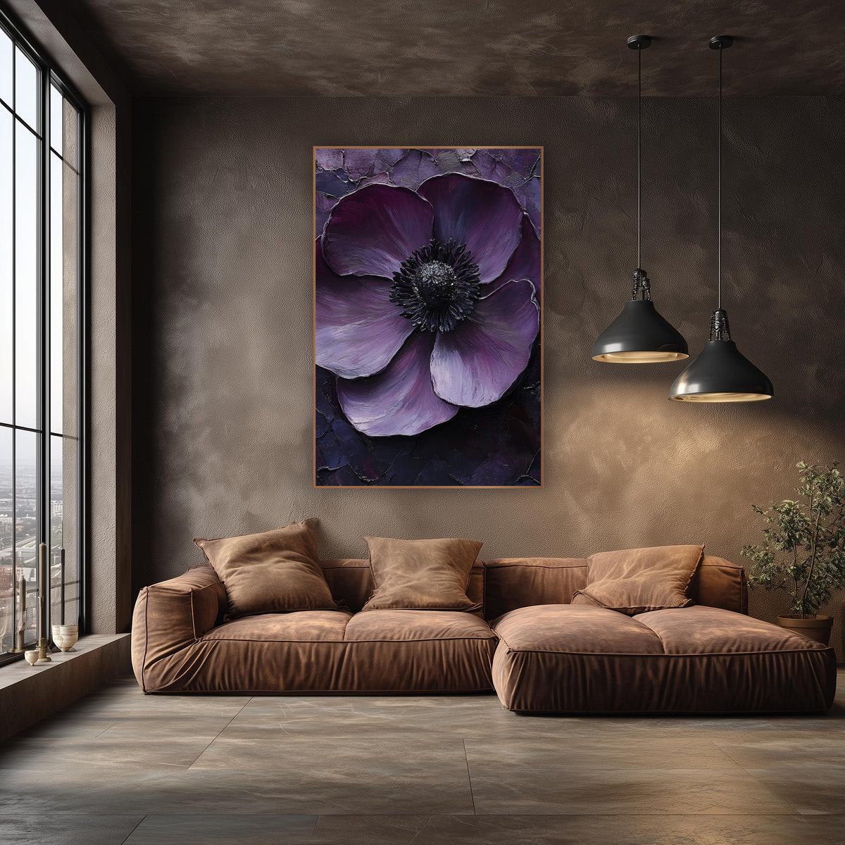 Plum Anemone Close-Up Moody wall art in an elegant modern room – close-up of a deep plum anemone with a black center