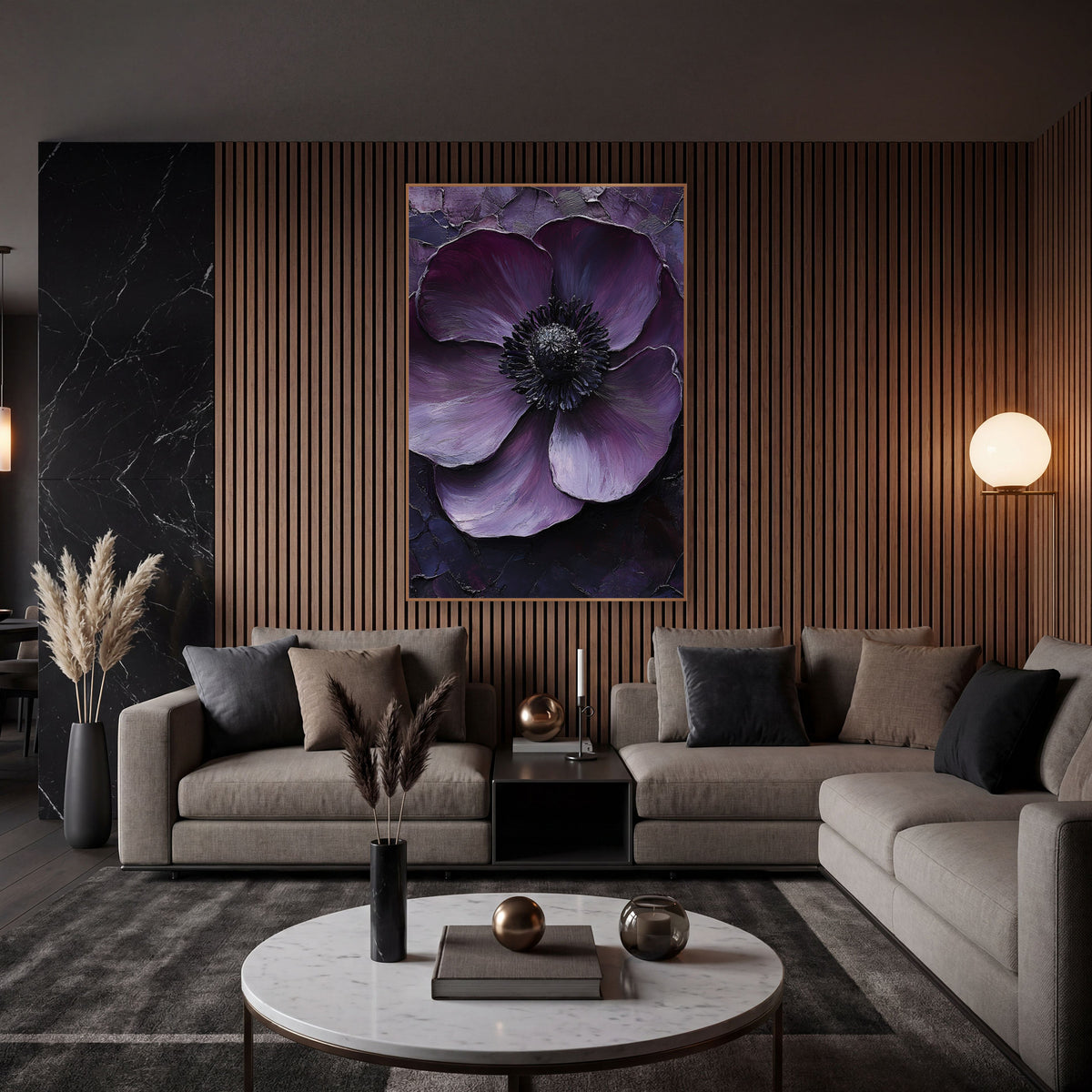 Plum Anemone Close-Up Moody wall art in an elegant modern room – close-up of a deep plum anemone with a black center