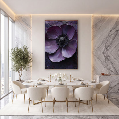 Plum Anemone Close-Up Moody wall art in an elegant modern room – close-up of a deep plum anemone with a black center