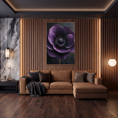 Upright Stemmed Anemone Bronze Dusk wall art in an elegant modern room – large deep plum anemone with lilac-edged