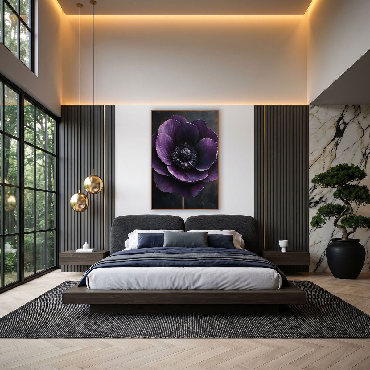Upright Stemmed Anemone Bronze Dusk wall art in an elegant modern room – large deep plum anemone with lilac-edged