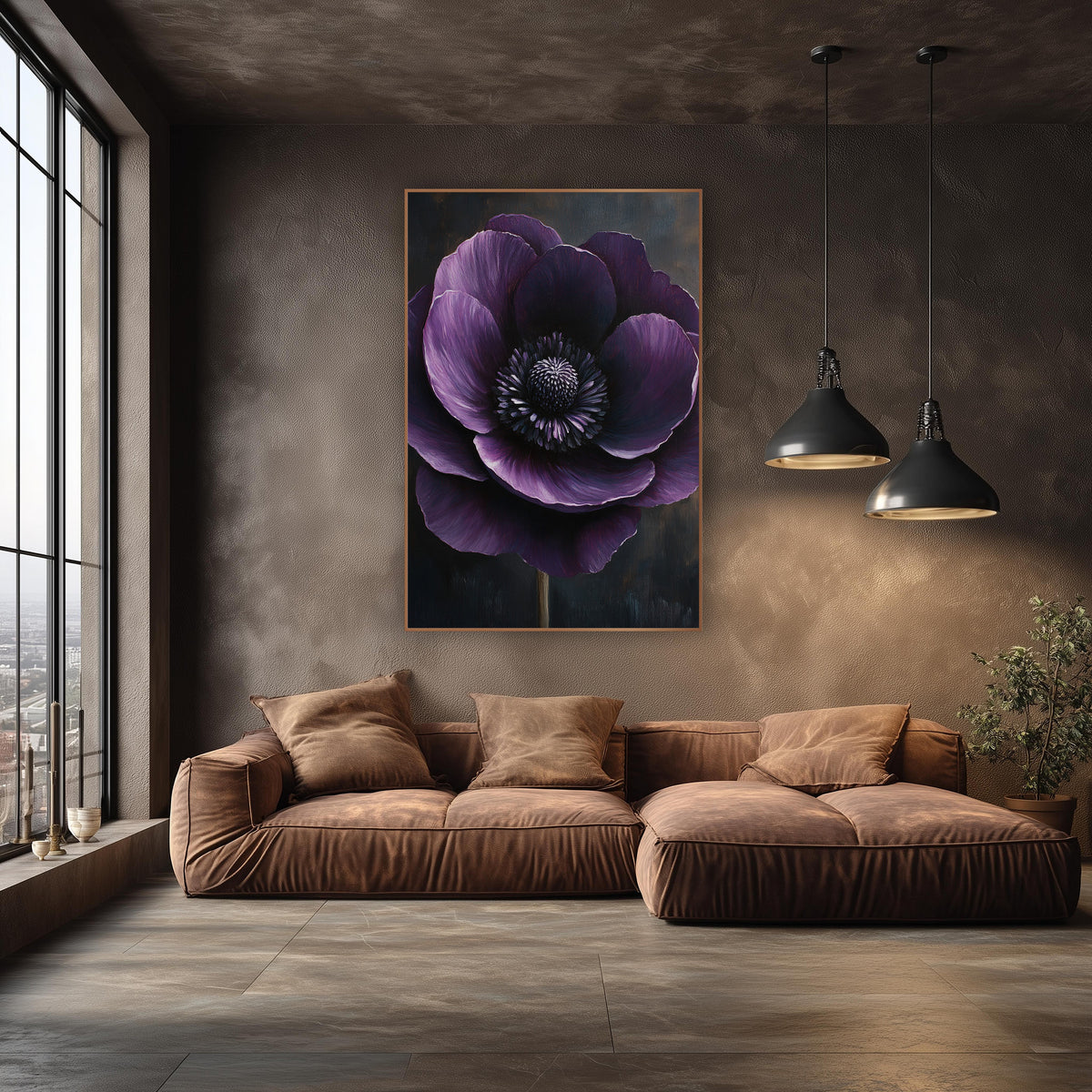 Upright Stemmed Anemone Bronze Dusk wall art in an elegant modern room – large deep plum anemone with lilac-edged