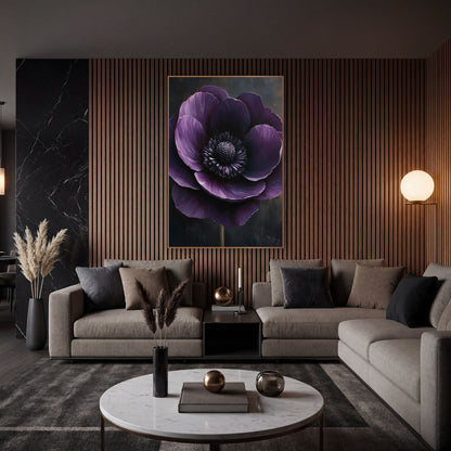 Upright Stemmed Anemone Bronze Dusk wall art in an elegant modern room – large deep plum anemone with lilac-edged