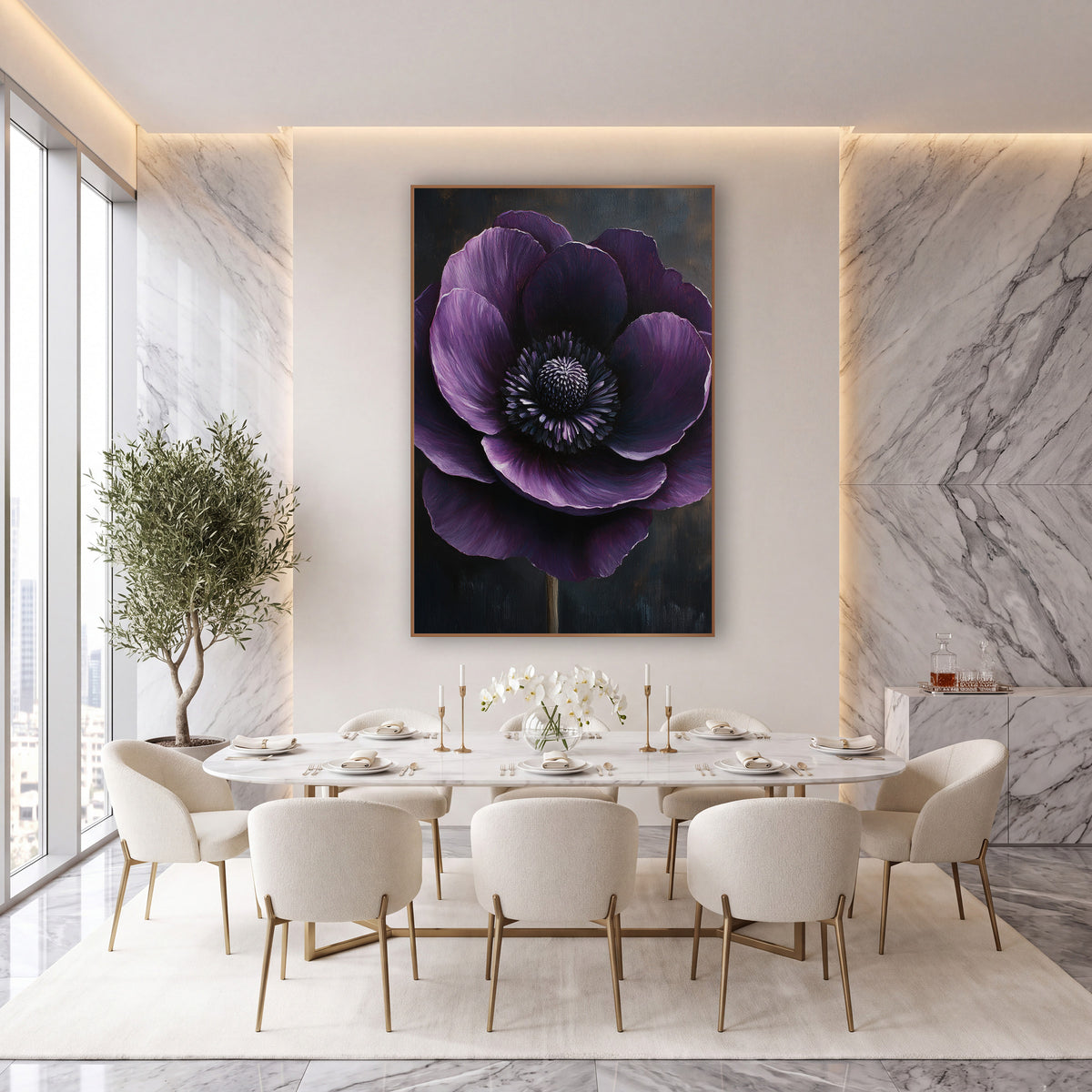 Upright Stemmed Anemone Bronze Dusk wall art in an elegant modern room – large deep plum anemone with lilac-edged