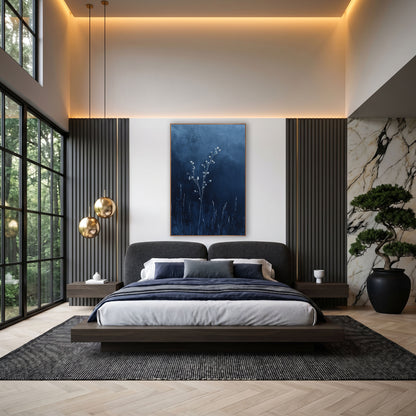 Pale Blossom Stems Indigo Botanical wall art in an elegant modern room – slender branching stem with small pale