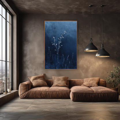 Pale Blossom Stems Indigo Botanical wall art in an elegant modern room – slender branching stem with small pale