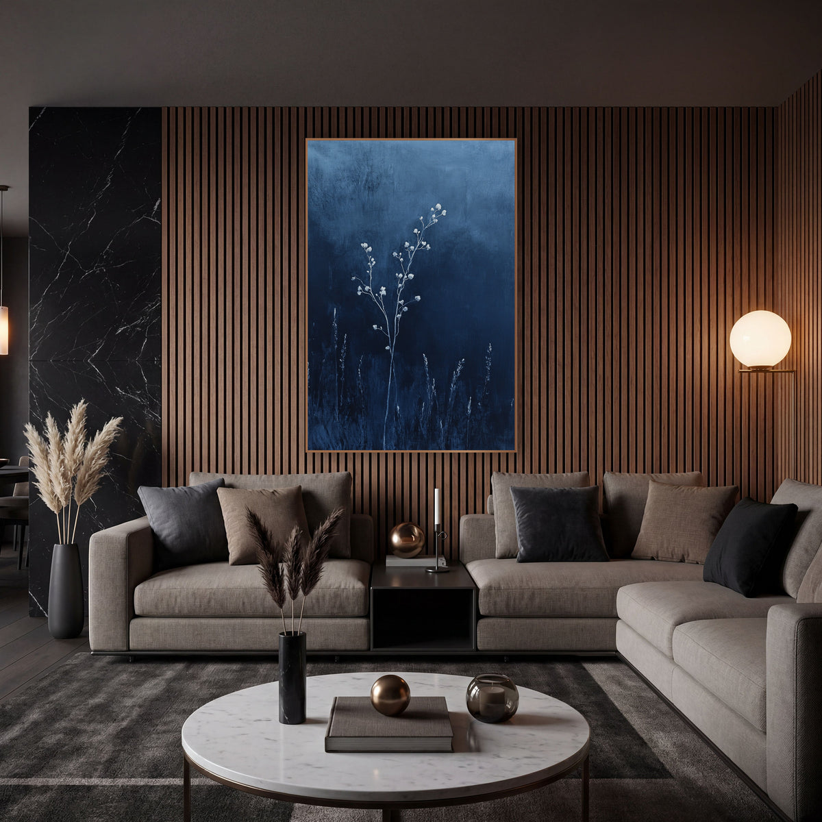 Pale Blossom Stems Indigo Botanical wall art in an elegant modern room – slender branching stem with small pale