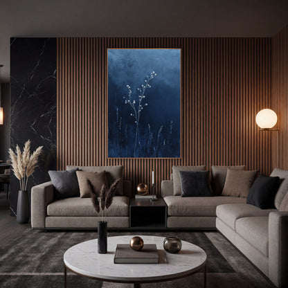 Pale Blossom Stems Indigo Botanical wall art in an elegant modern room – slender branching stem with small pale