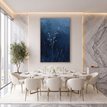 Pale Blossom Stems Indigo Botanical wall art in an elegant modern room – slender branching stem with small pale