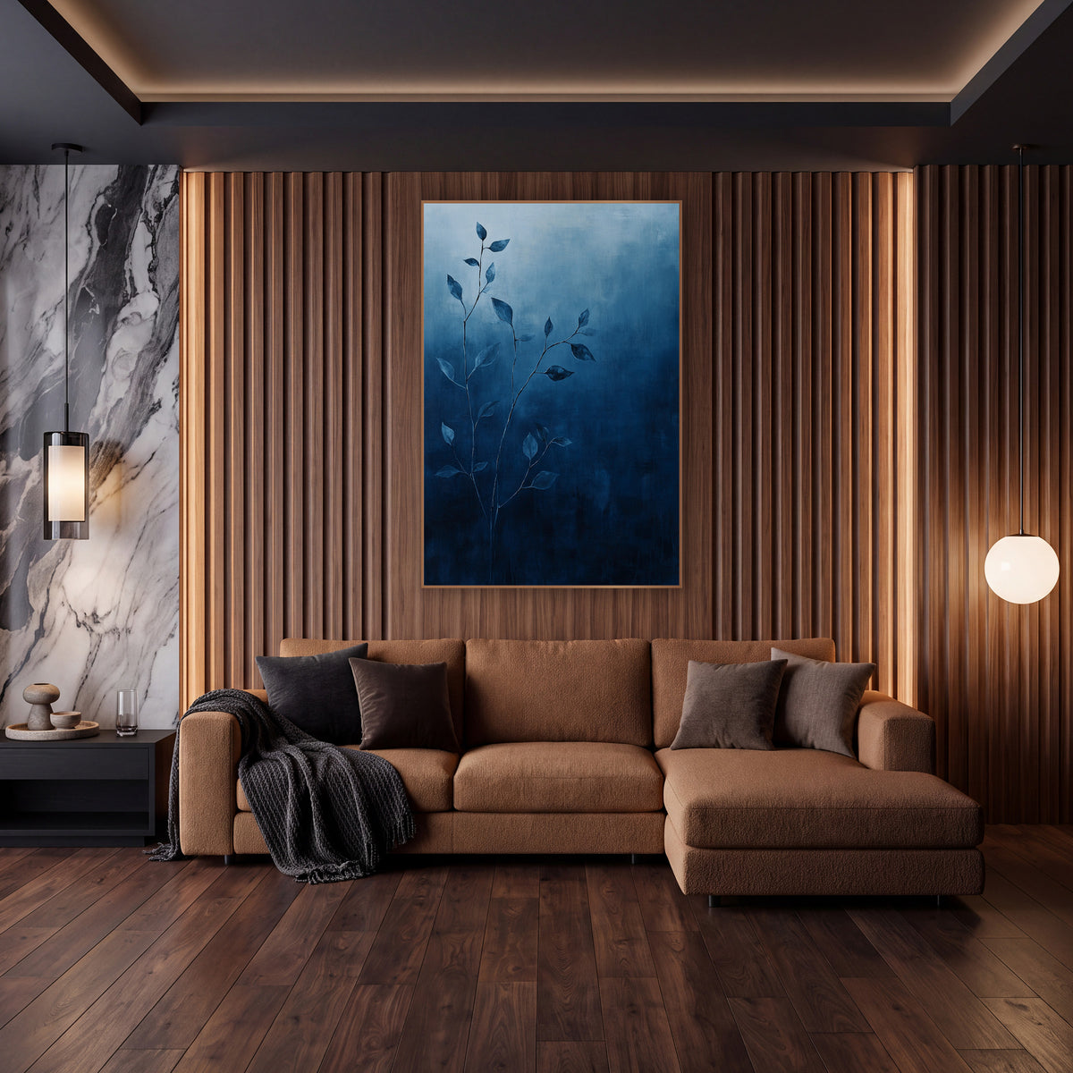 Indigo Vine Stems Botanical Minimalist wall art in an elegant modern room – thin vine stems with small pointed leaves