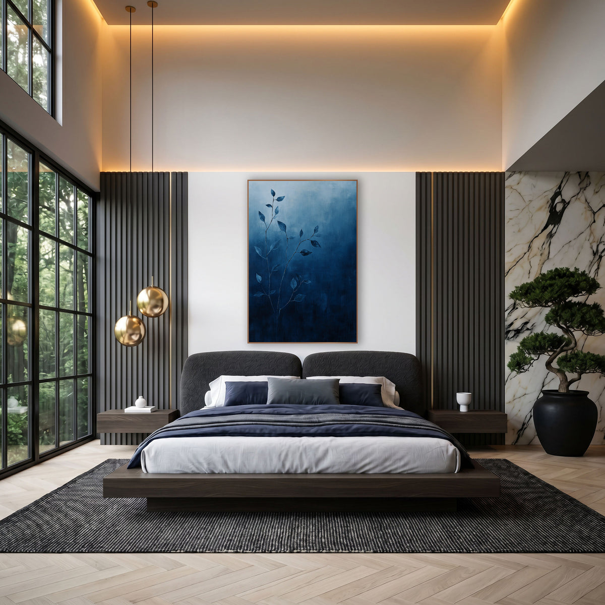 Indigo Vine Stems Botanical Minimalist wall art in an elegant modern room – thin vine stems with small pointed leaves