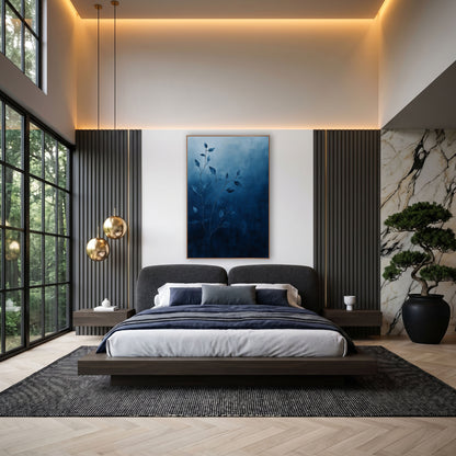 Indigo Vine Stems Botanical Minimalist wall art in an elegant modern room – thin vine stems with small pointed leaves