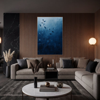 Indigo Vine Stems Botanical Minimalist wall art in an elegant modern room – thin vine stems with small pointed leaves