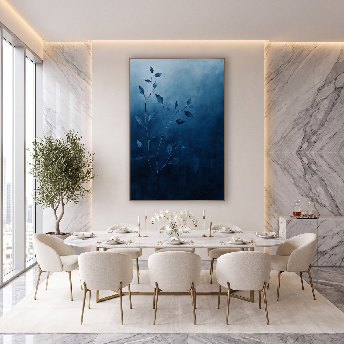 Indigo Vine Stems Botanical Minimalist wall art in an elegant modern room – thin vine stems with small pointed leaves