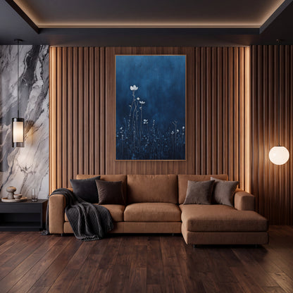 Midnight Blue Wildflower Meadow Botanical wall art in an elegant modern room – pale white wildflowers on thin stems