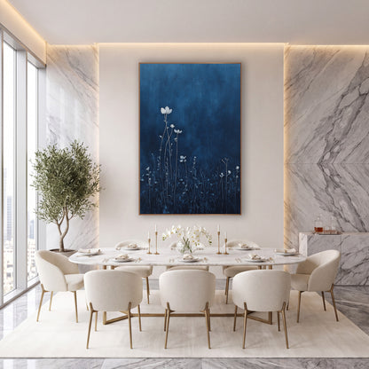Midnight Blue Wildflower Meadow Botanical wall art in an elegant modern room – pale white wildflowers on thin stems