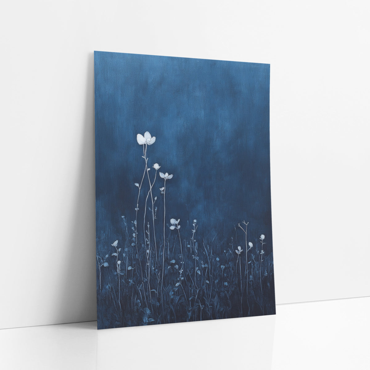 Midnight Blue Wildflower Meadow Botanical art print leaning against a white wall – pale white wildflowers on thin stems