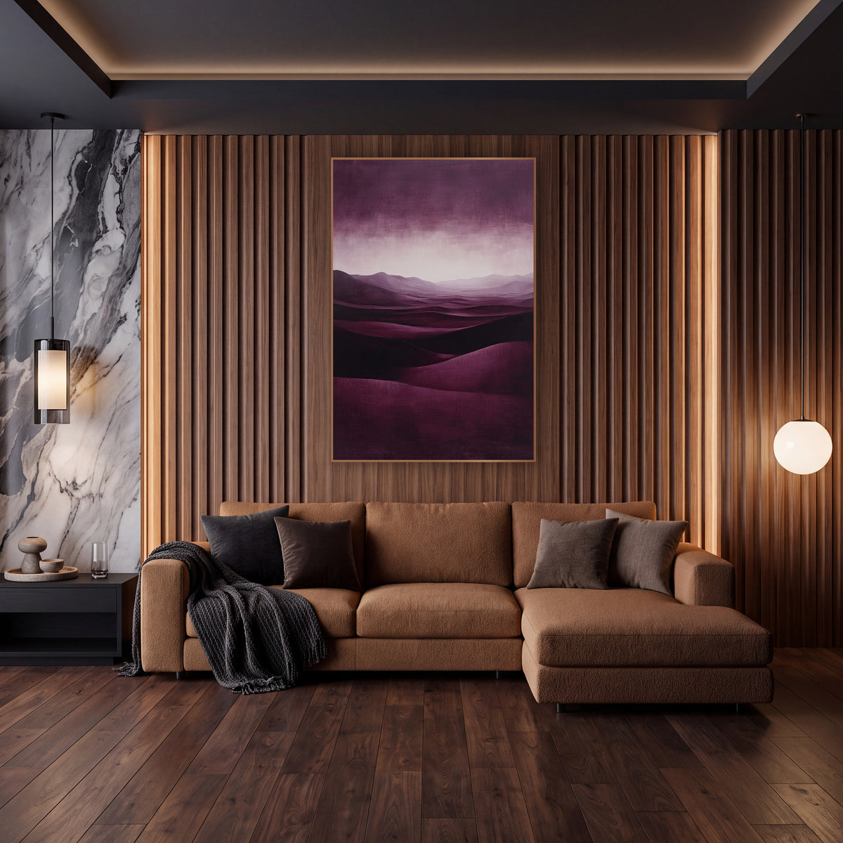 Burgundy Dune Glow Luxe Landscape wall art in an elegant modern room – deep burgundy desert dunes rolling toward