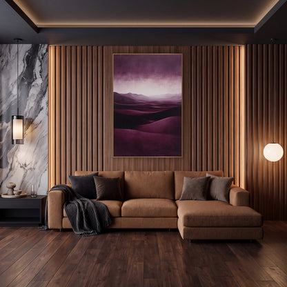 Burgundy Dune Glow Luxe Landscape wall art in an elegant modern room – deep burgundy desert dunes rolling toward