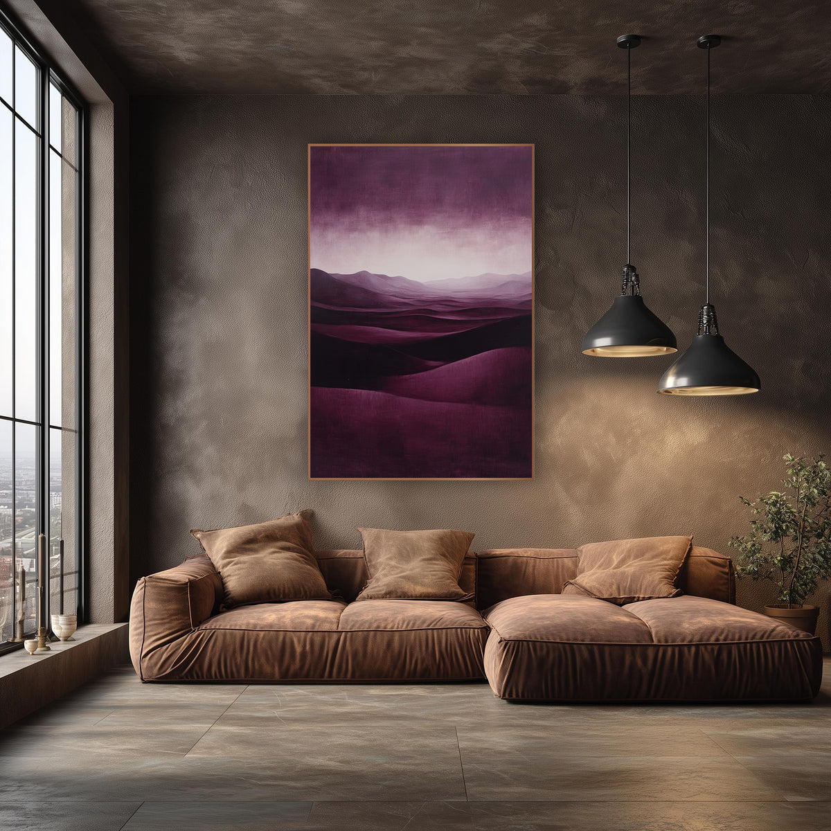 Burgundy Dune Glow Luxe Landscape wall art in an elegant modern room – deep burgundy desert dunes rolling toward