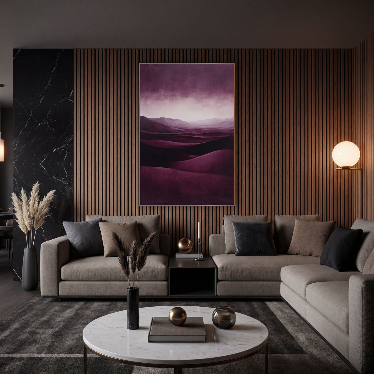 Burgundy Dune Glow Luxe Landscape wall art in an elegant modern room – deep burgundy desert dunes rolling toward