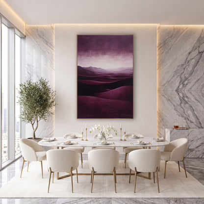 Burgundy Dune Glow Luxe Landscape wall art in an elegant modern room – deep burgundy desert dunes rolling toward