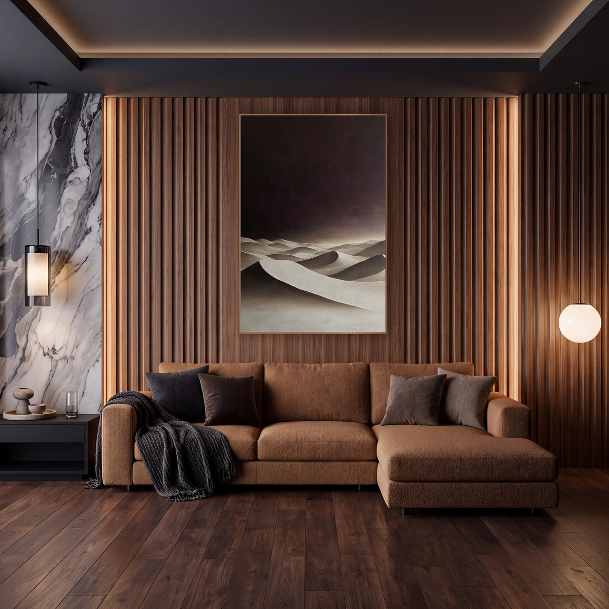 Cream Dunes Burgundy Sky Moody wall art in an elegant modern room – smooth cream desert dunes with deep shadows