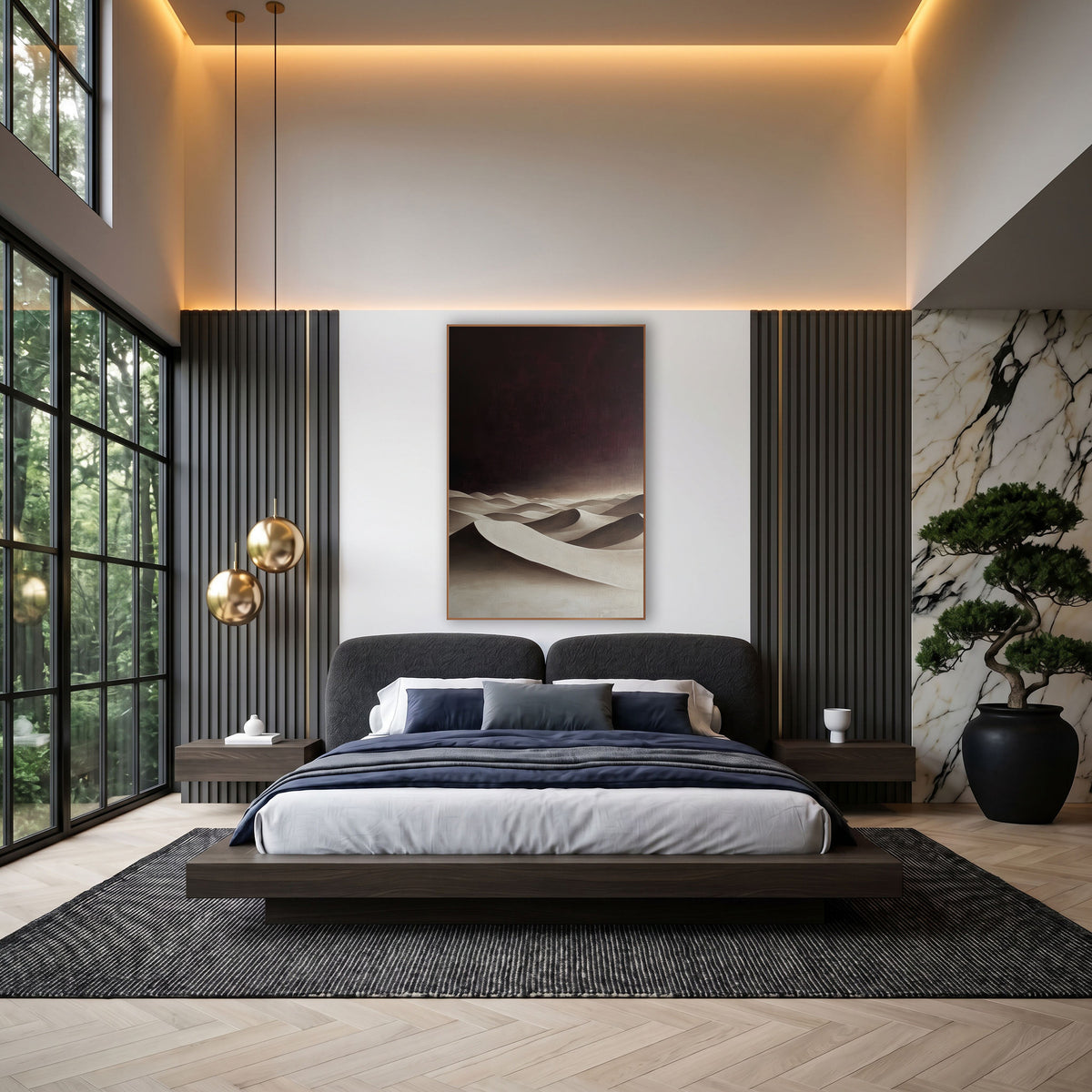 Cream Dunes Burgundy Sky Moody wall art in an elegant modern room – smooth cream desert dunes with deep shadows