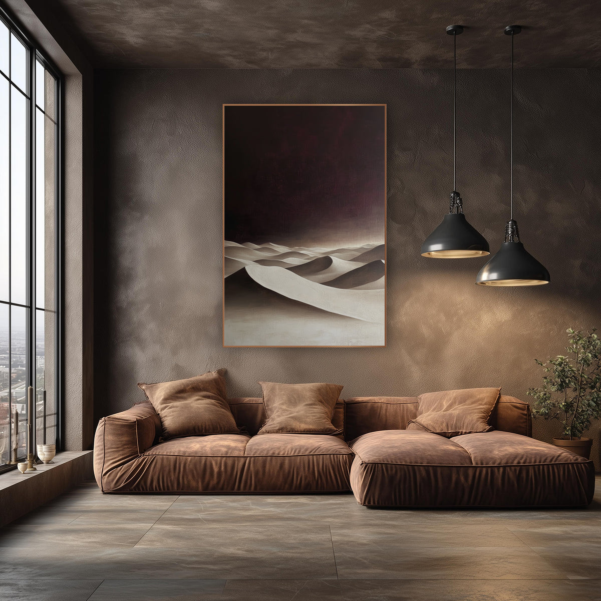 Cream Dunes Burgundy Sky Moody wall art in an elegant modern room – smooth cream desert dunes with deep shadows