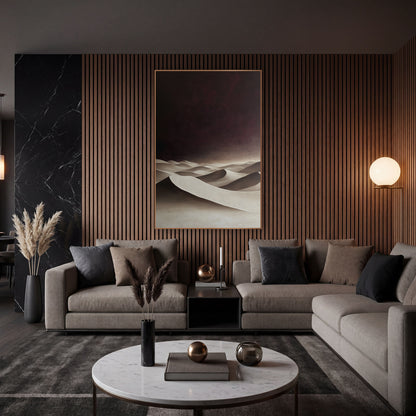 Cream Dunes Burgundy Sky Moody wall art in an elegant modern room – smooth cream desert dunes with deep shadows