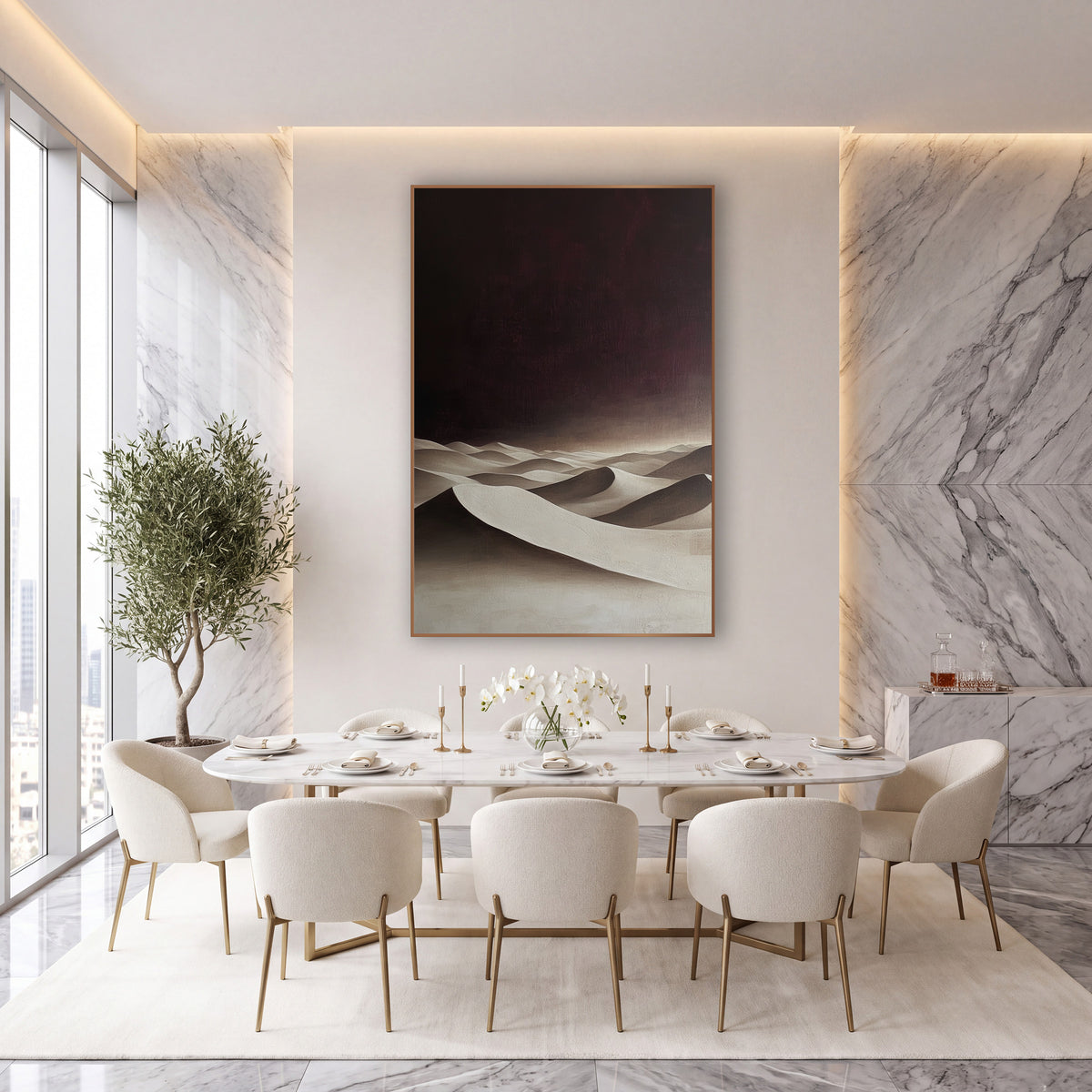 Cream Dunes Burgundy Sky Moody wall art in an elegant modern room – smooth cream desert dunes with deep shadows