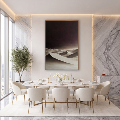 Cream Dunes Burgundy Sky Moody wall art in an elegant modern room – smooth cream desert dunes with deep shadows