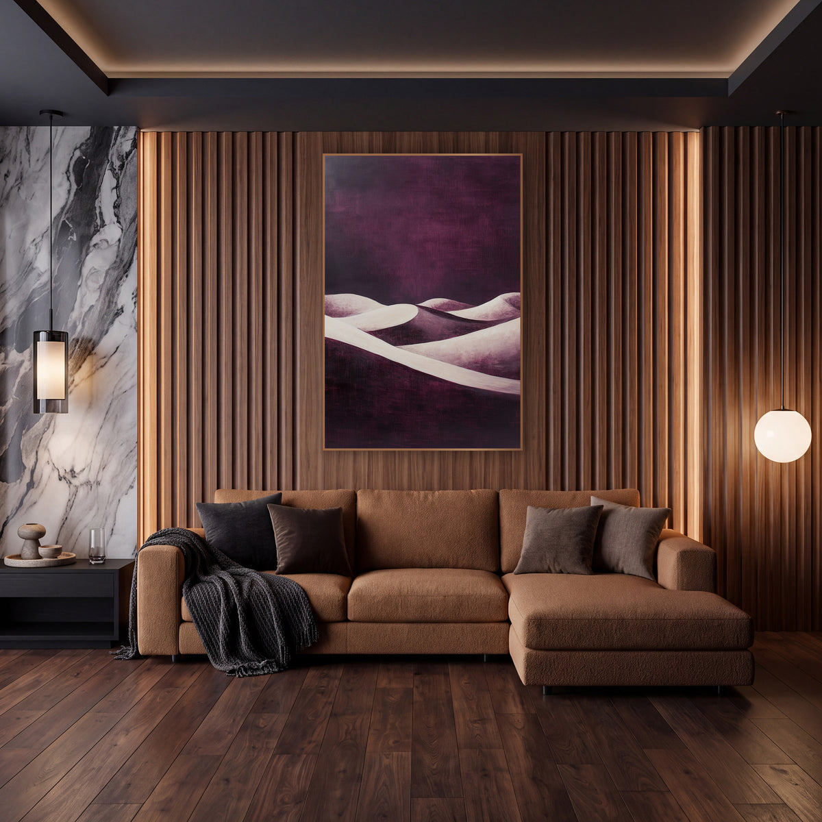 Plum Ribbon Dunes Abstract Dusk wall art in an elegant modern room – cream desert dunes with curved ridgelines