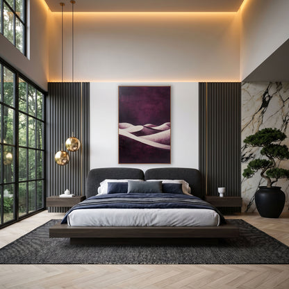 Plum Ribbon Dunes Abstract Dusk wall art in an elegant modern room – cream desert dunes with curved ridgelines