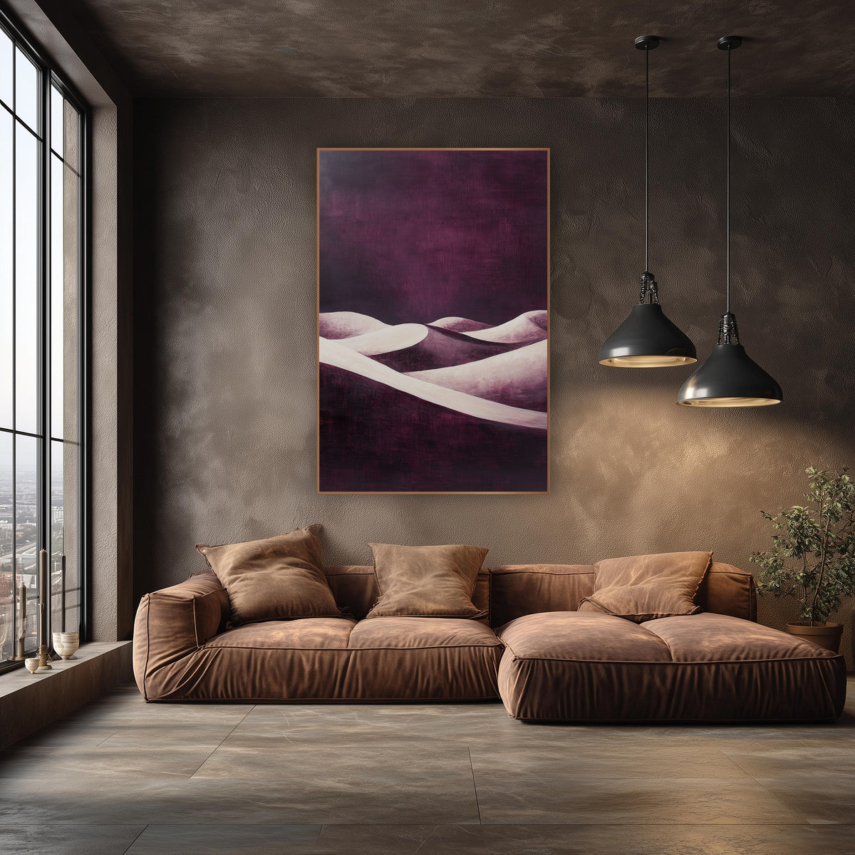 Plum Ribbon Dunes Abstract Dusk wall art in an elegant modern room – cream desert dunes with curved ridgelines