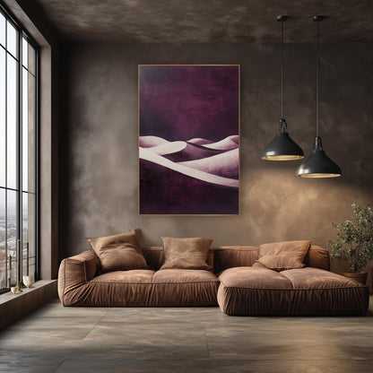 Plum Ribbon Dunes Abstract Dusk wall art in an elegant modern room – cream desert dunes with curved ridgelines