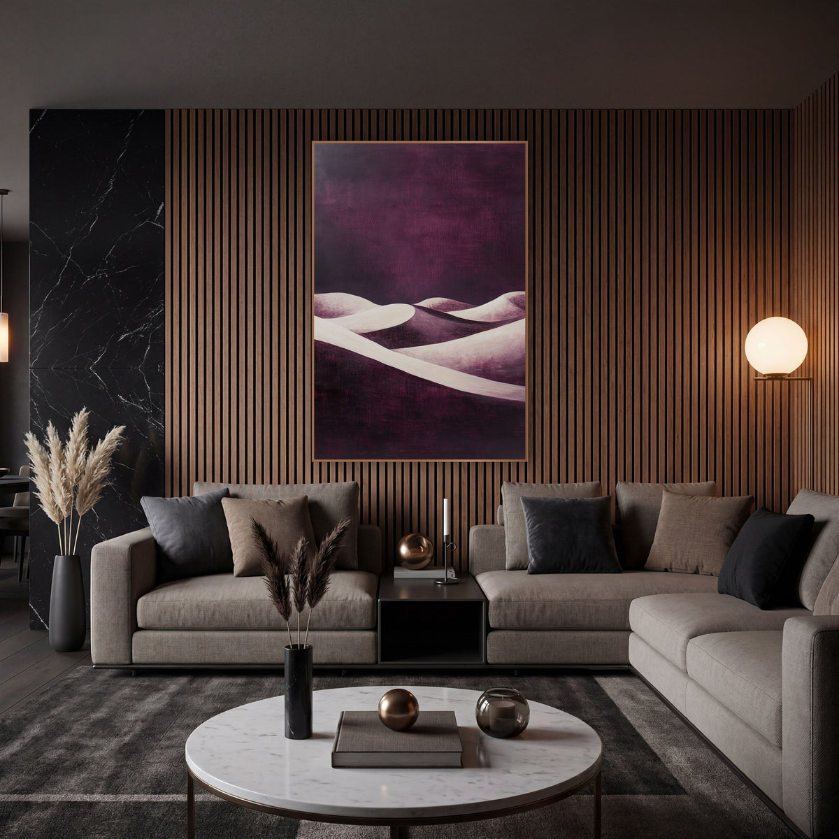 Plum Ribbon Dunes Abstract Dusk wall art in an elegant modern room – cream desert dunes with curved ridgelines
