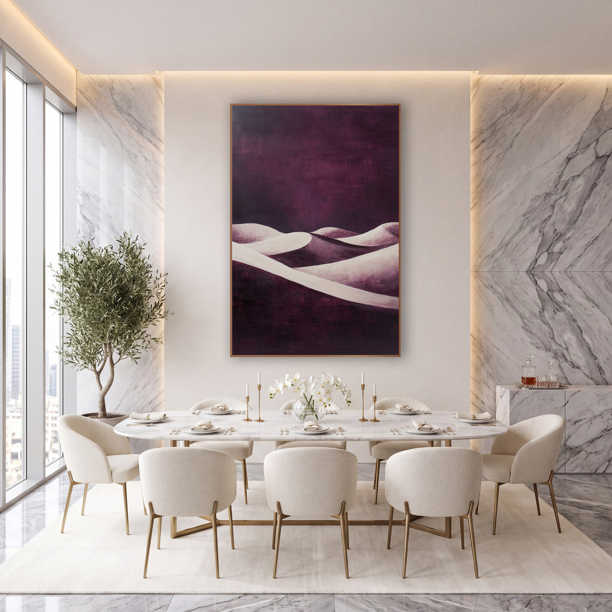 Plum Ribbon Dunes Abstract Dusk wall art in an elegant modern room – cream desert dunes with curved ridgelines