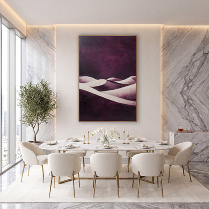 Plum Ribbon Dunes Abstract Dusk wall art in an elegant modern room – cream desert dunes with curved ridgelines