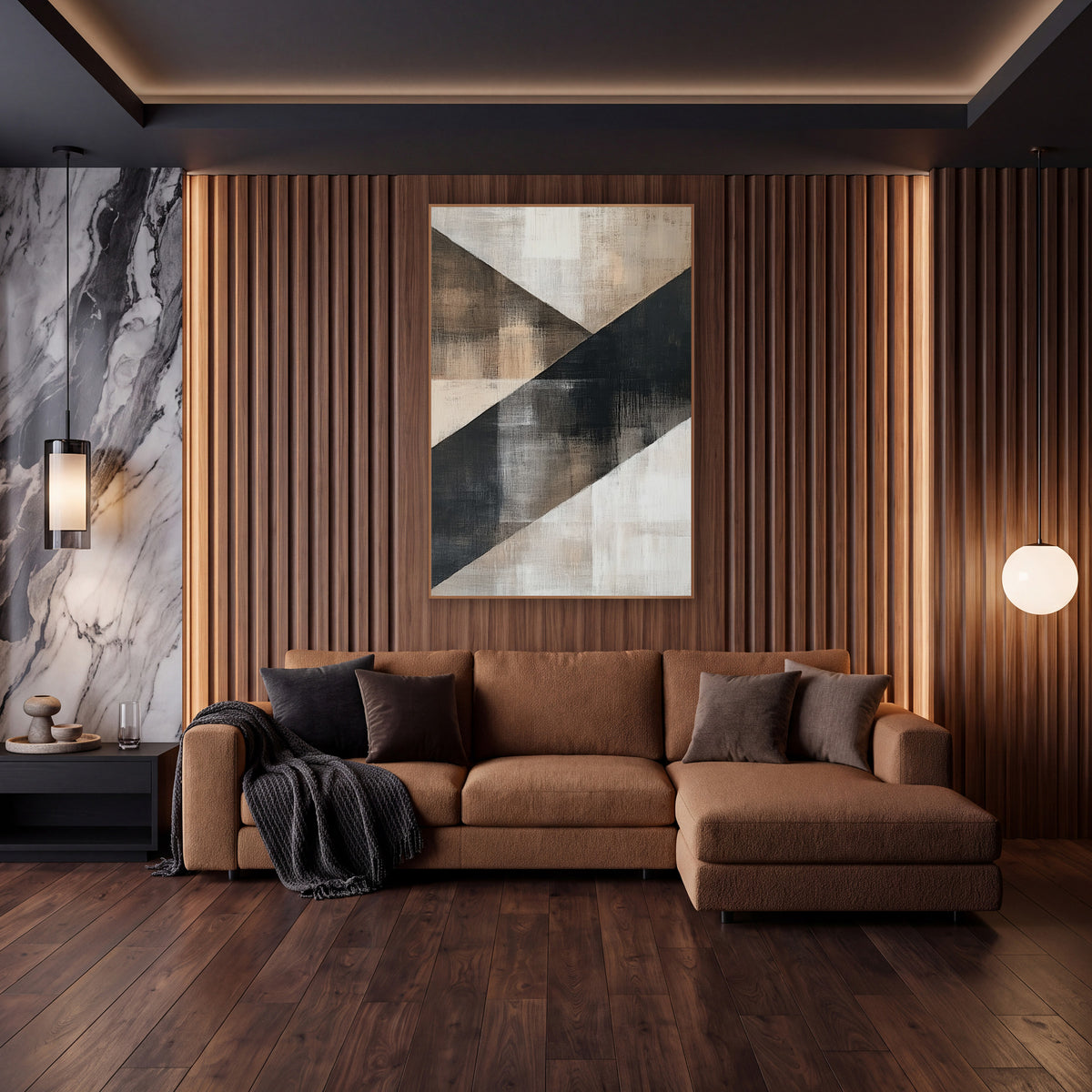 Charcoal and Tan Diagonal Abstract wall art in an elegant modern room – abstract artwork with a wide charcoal diagonal