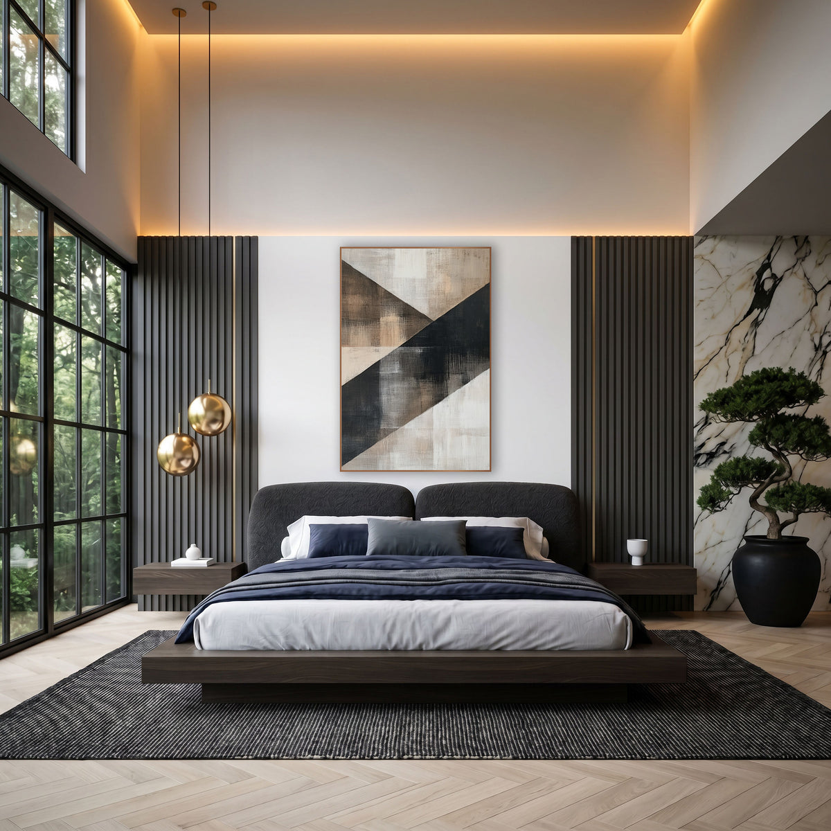 Charcoal and Tan Diagonal Abstract wall art in an elegant modern room – abstract artwork with a wide charcoal diagonal
