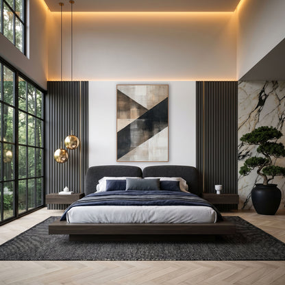 Charcoal and Tan Diagonal Abstract wall art in an elegant modern room – abstract artwork with a wide charcoal diagonal