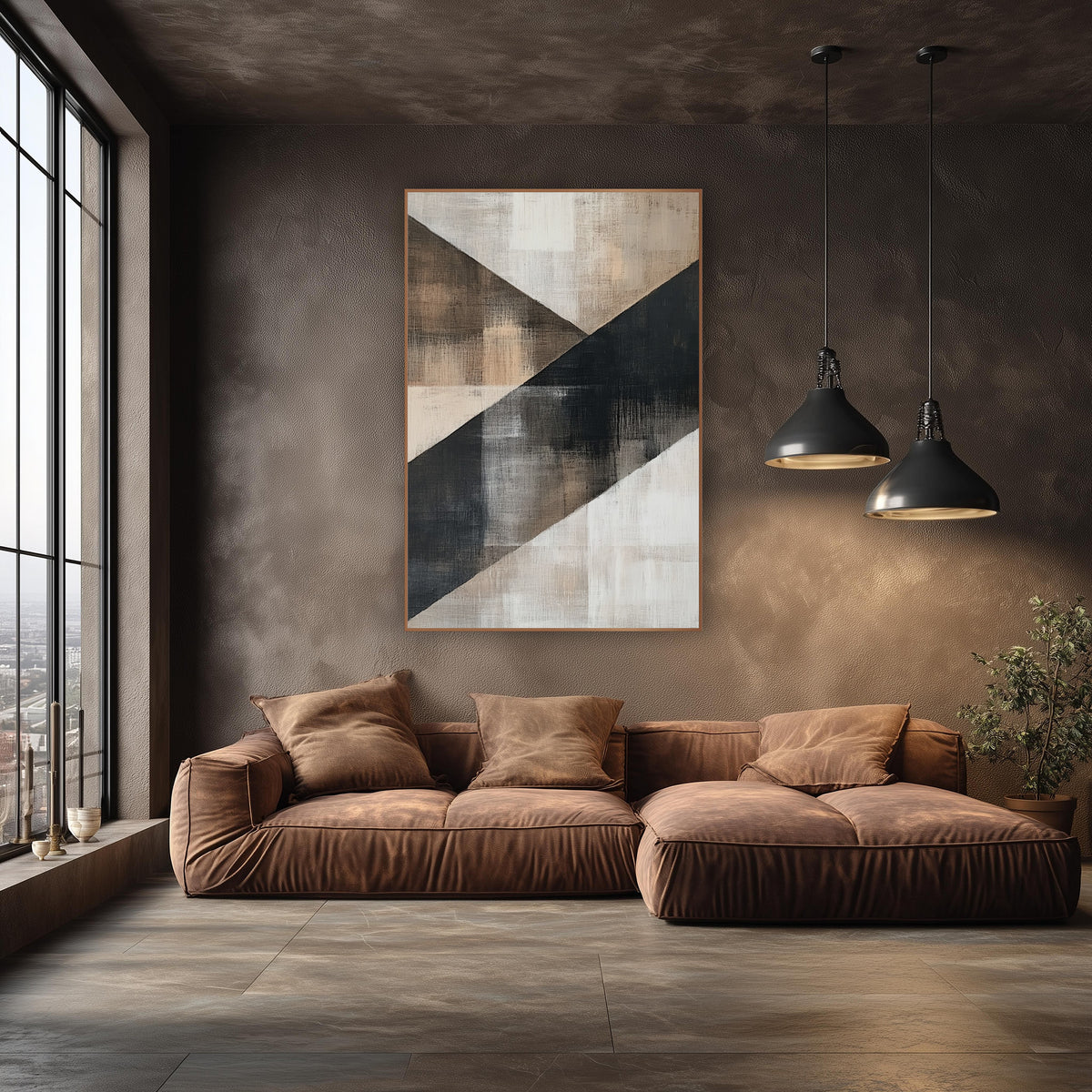 Charcoal and Tan Diagonal Abstract wall art in an elegant modern room – abstract artwork with a wide charcoal diagonal