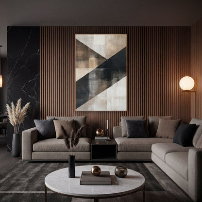 Charcoal and Tan Diagonal Abstract wall art in an elegant modern room – abstract artwork with a wide charcoal diagonal