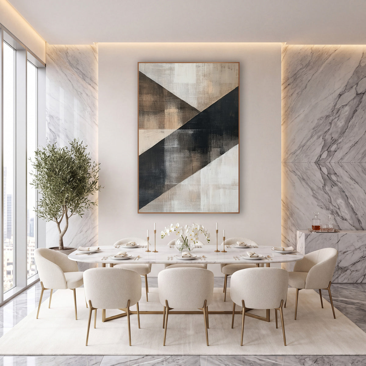 Charcoal and Tan Diagonal Abstract wall art in an elegant modern room – abstract artwork with a wide charcoal diagonal