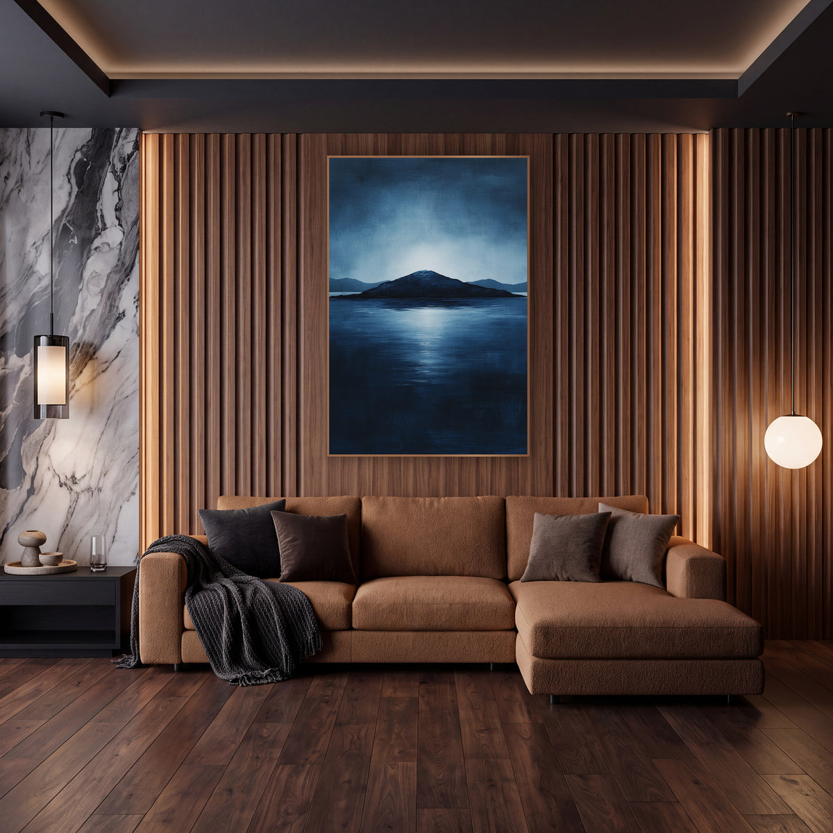 Indigo Island Seascape Atmospheric wall art in an elegant modern room – dark island silhouette on calm deep blue water