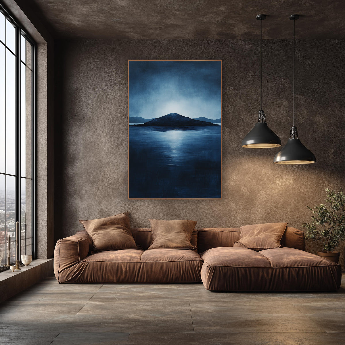 Indigo Island Seascape Atmospheric wall art in an elegant modern room – dark island silhouette on calm deep blue water